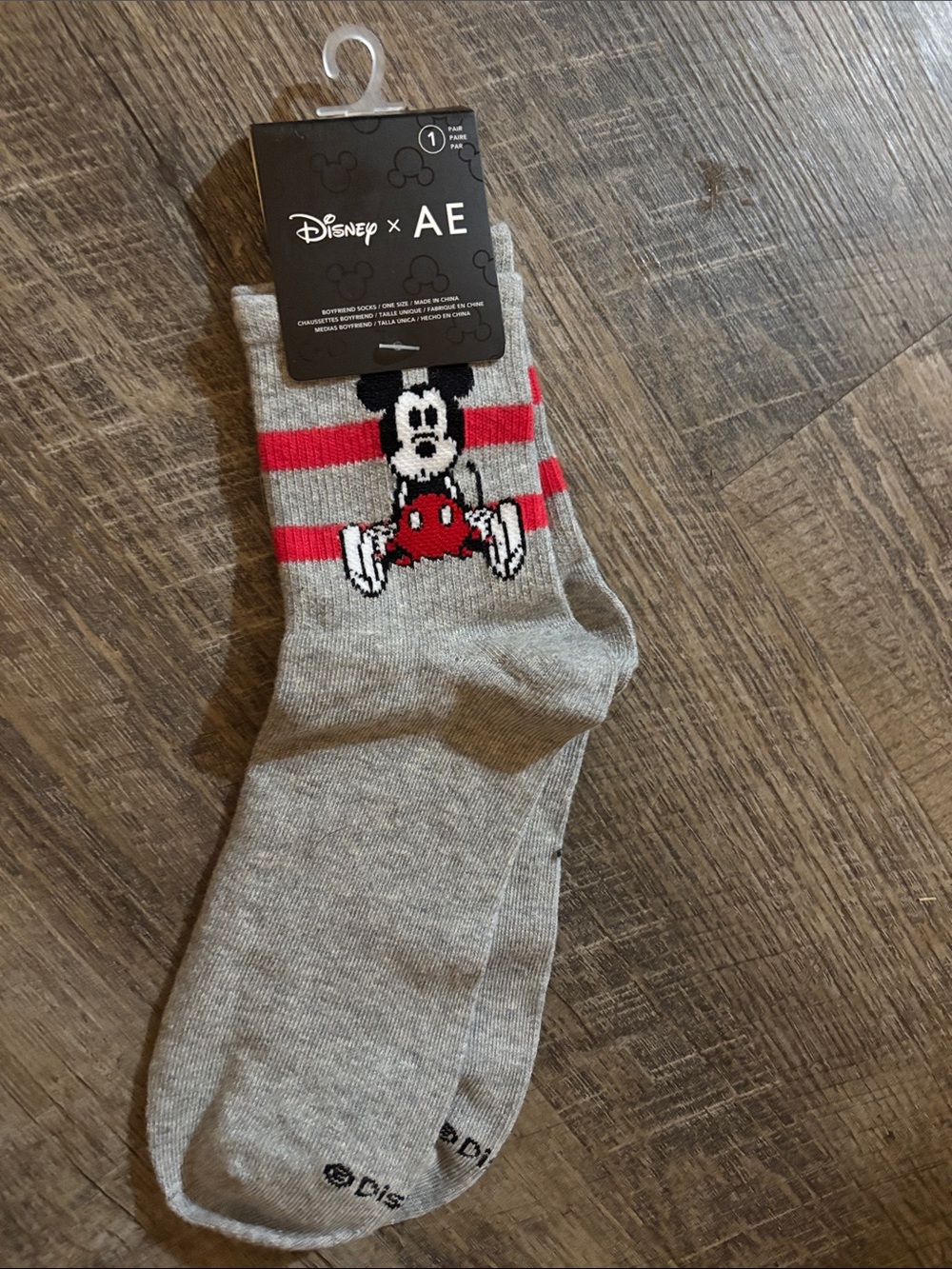 Disney Gray Crew Socks with Mickey & Red Stripes